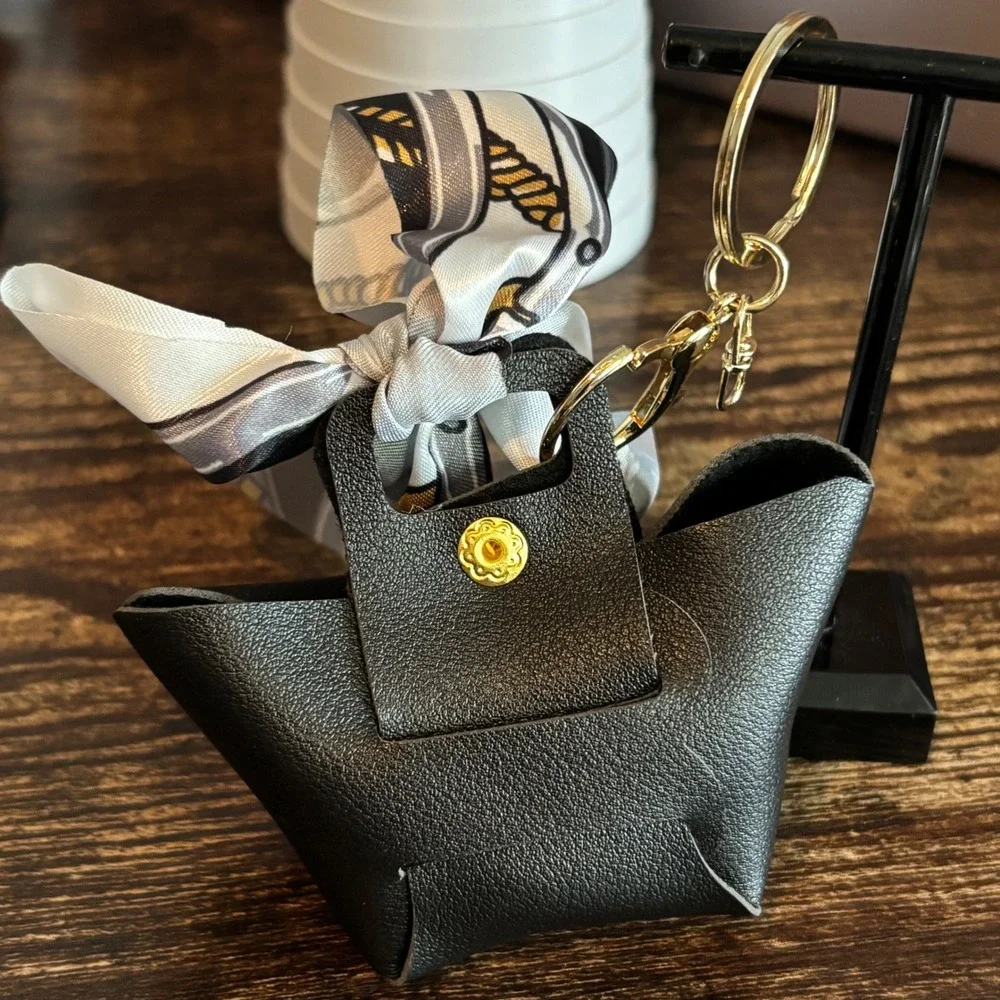 Black Mini Tote Bag Keychain Charm with Scarf Detail and Gold Hardware
